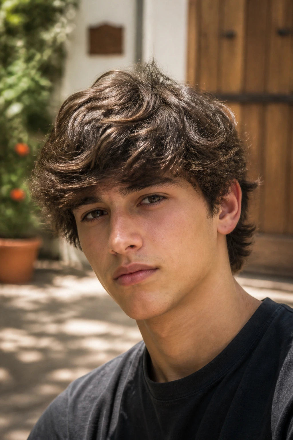 Close-up portrait of a boy with layered mop-top sweep and textured waves
