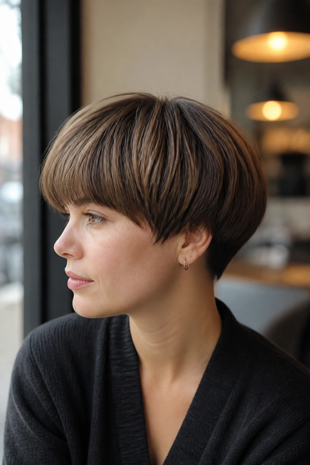 Close-up portrait of a real woman with a layered mushroom cut, daylight in a cafe setting.