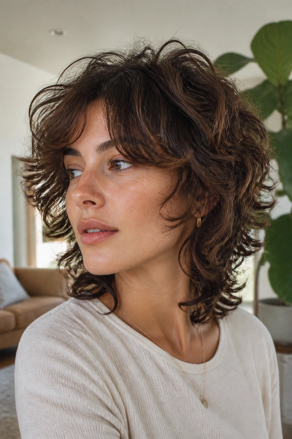 Real woman with layered mushroom shag and long curtain bangs