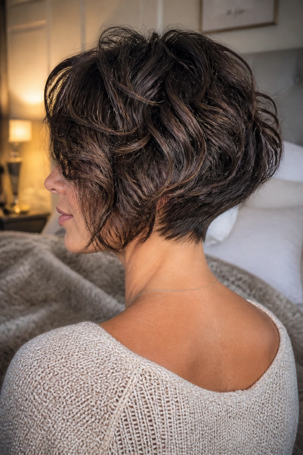 Three-quarter rear portrait of a real person displaying layered nape and chin-length front of The Layered Nape Bob