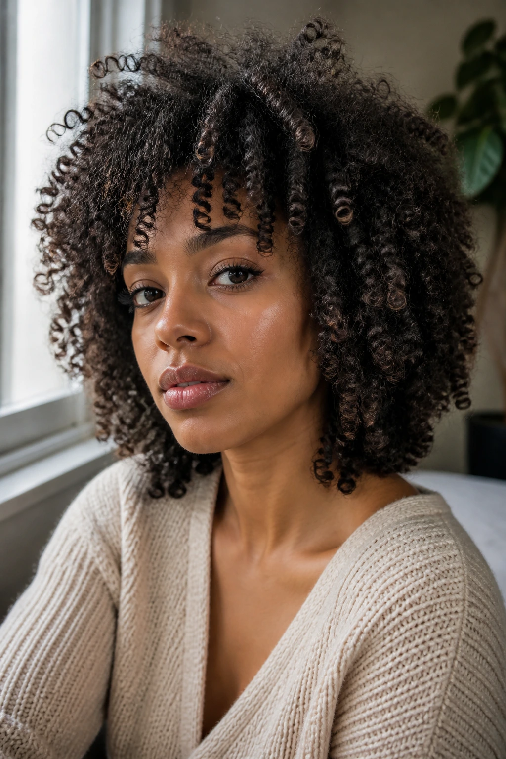 Close-up of layered natural hair on a real Black woman