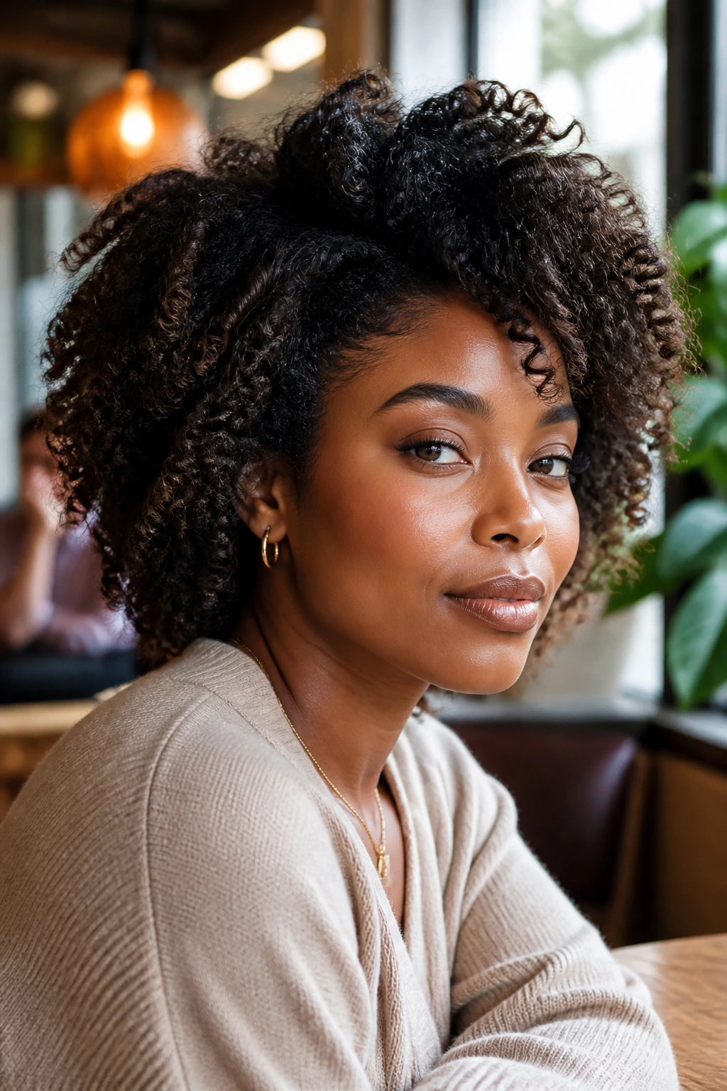Close-up portrait of a real Black woman with layered natural hair framing the face under warm light.
