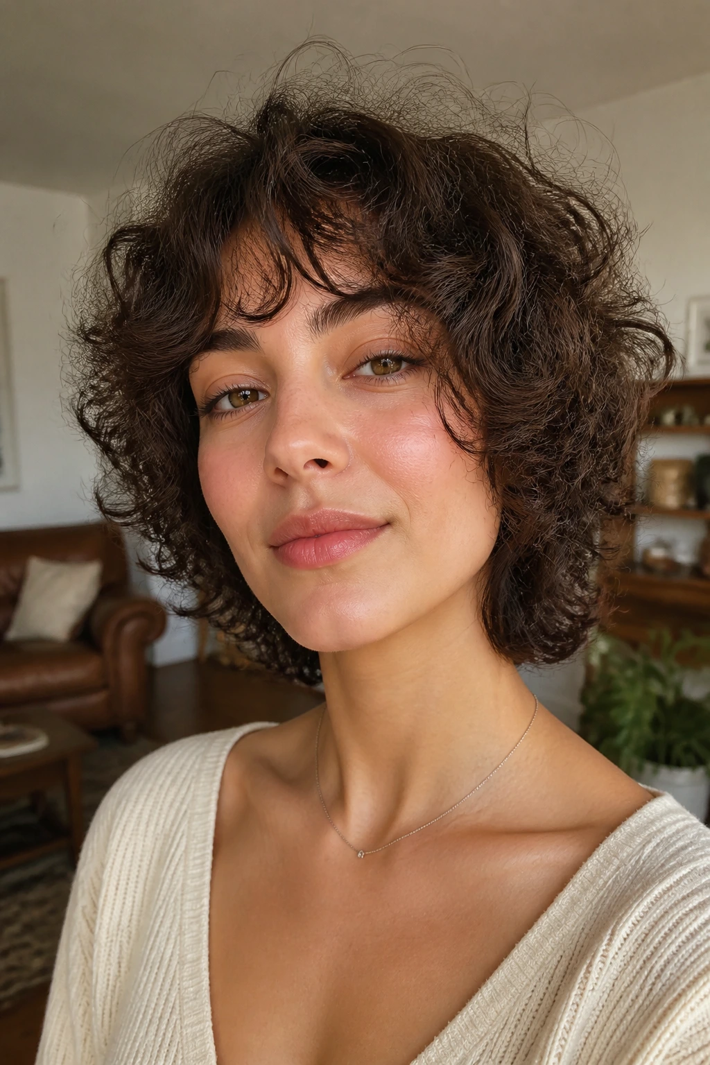 Close-up portrait of a real woman with layered oval crop and lived-in bangs in warm daylight