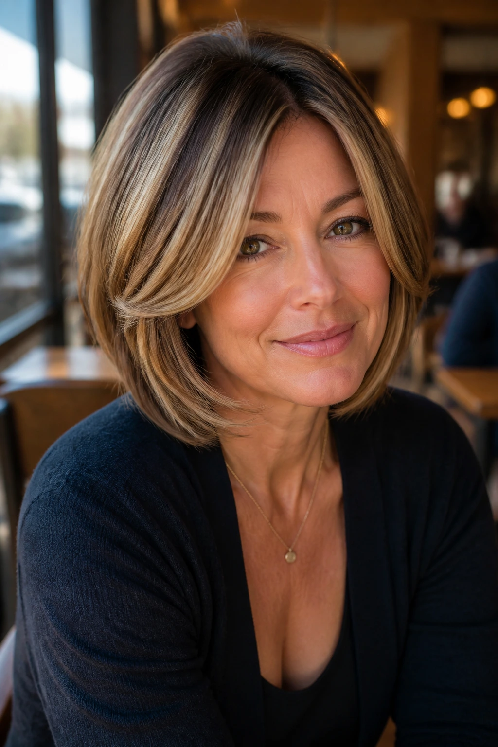 Close-up portrait of a real woman with layered pageboy and caramel panels in a sunlit cafe