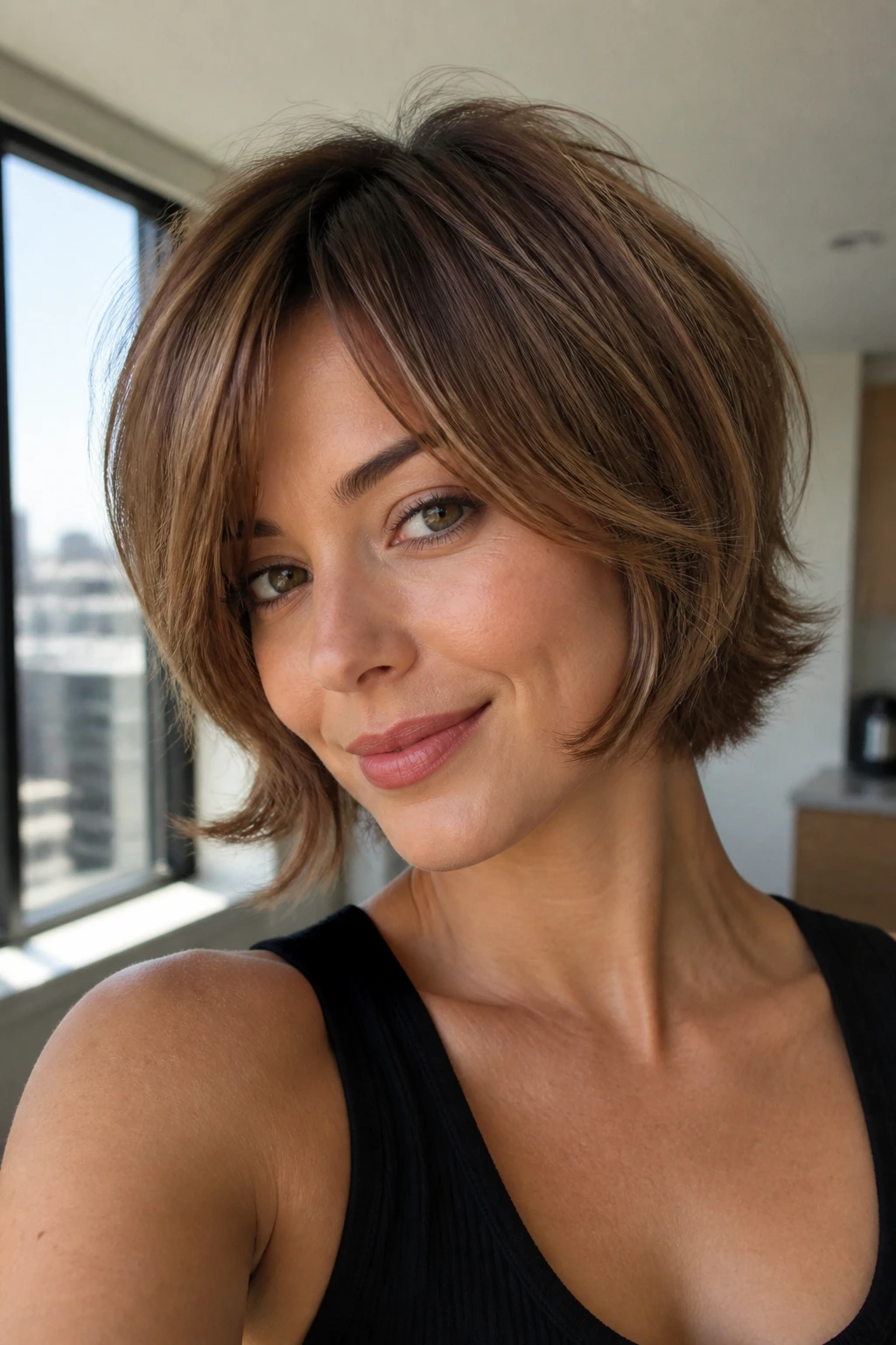 Close-up portrait of a real woman with Layered Pageboy with Messy Flip hairstyle