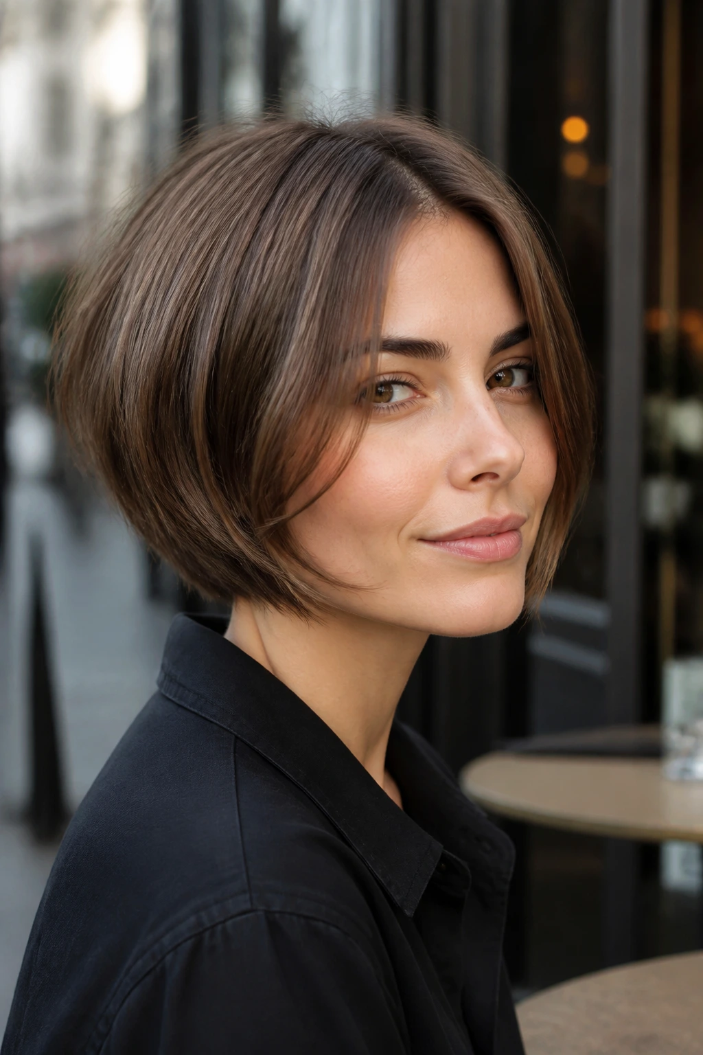 Close-up of a real person with layered pageboy hairstyle in natural daylight