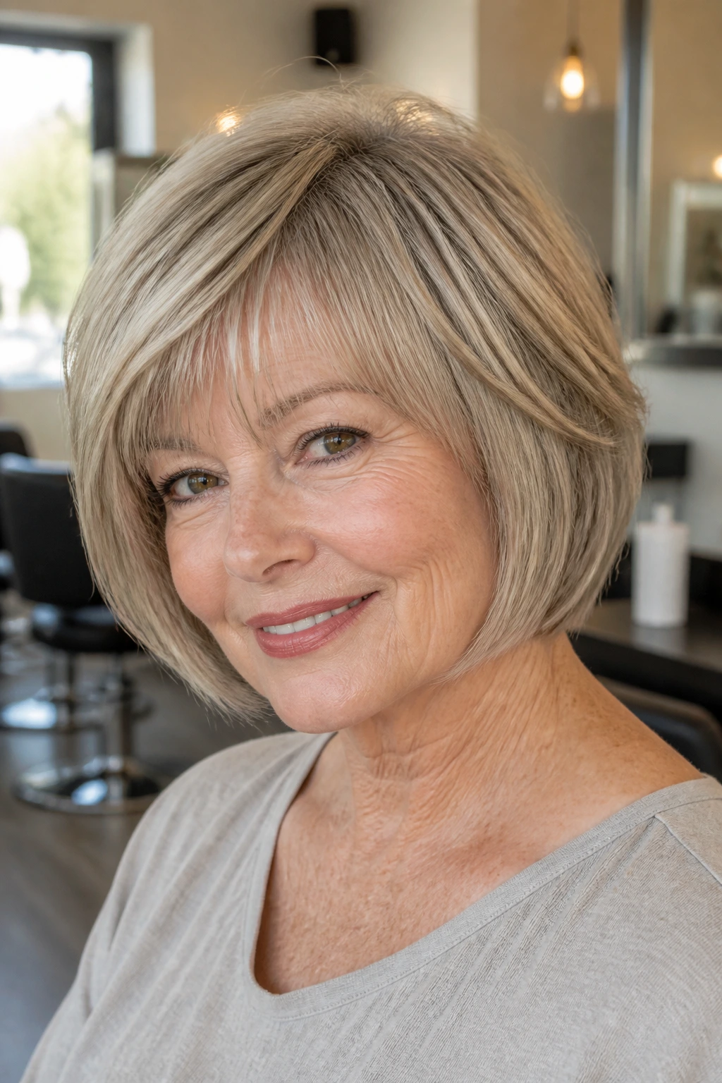 Close-up of a real woman with a layered pageboy in a sunlit salon setting
