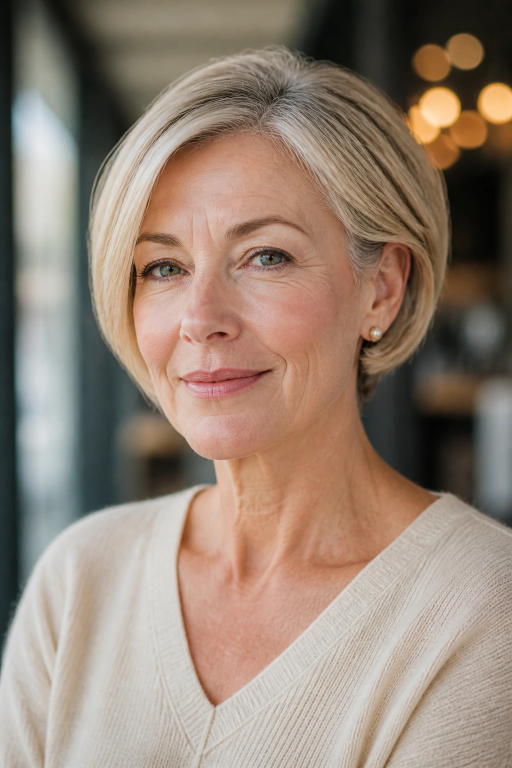 Close-up of a real woman wearing layered pageboy with tucked sides