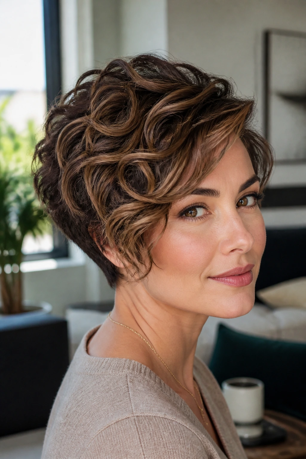 Close-up of a real woman's layered pixie-bob with caramel highlights
