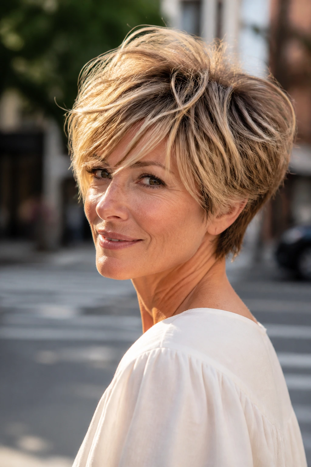 Close-up portrait of a real person with layered pixie bob and tousled crown volume.
