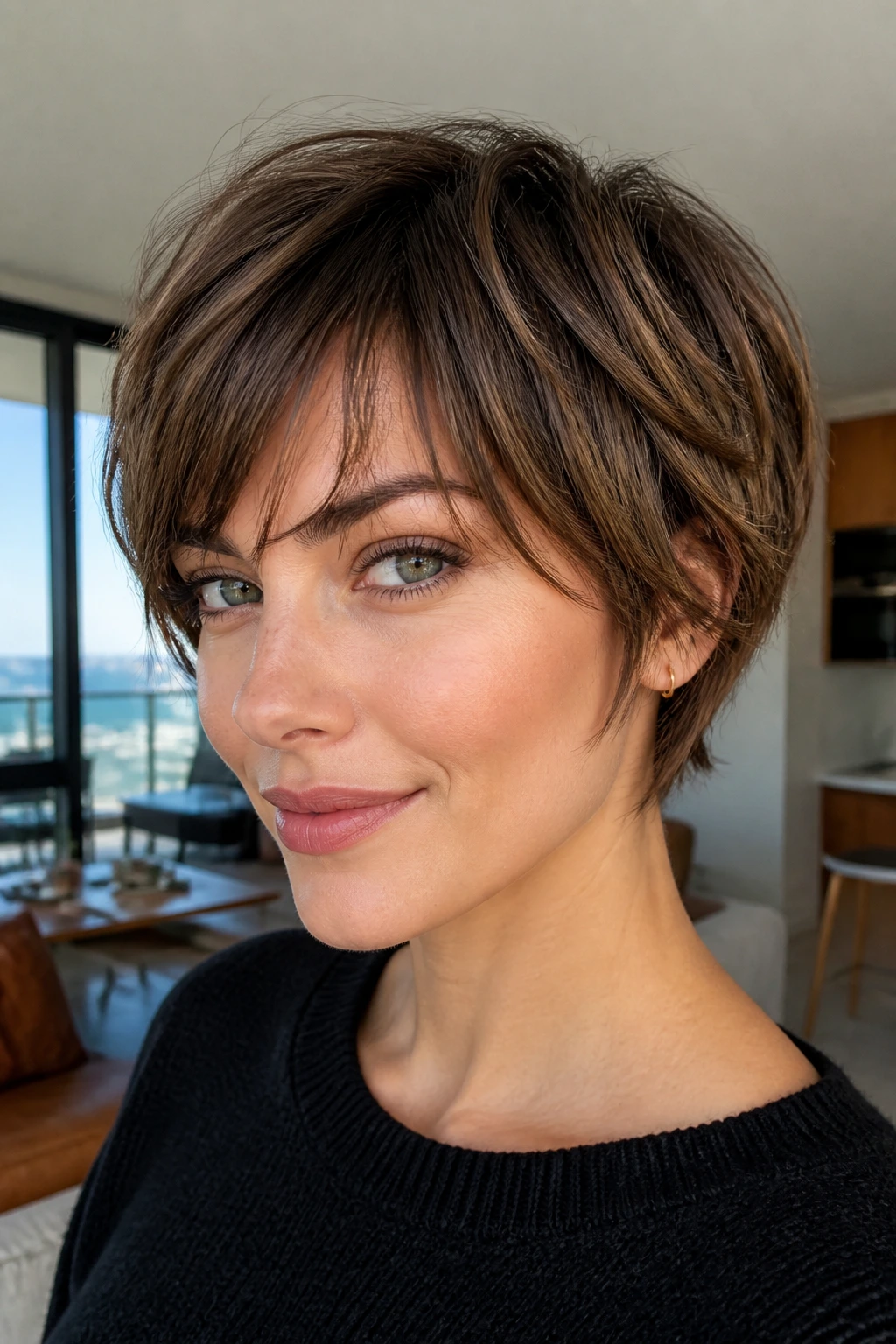 Close-up portrait of a real woman with layered pixie bob and fringe