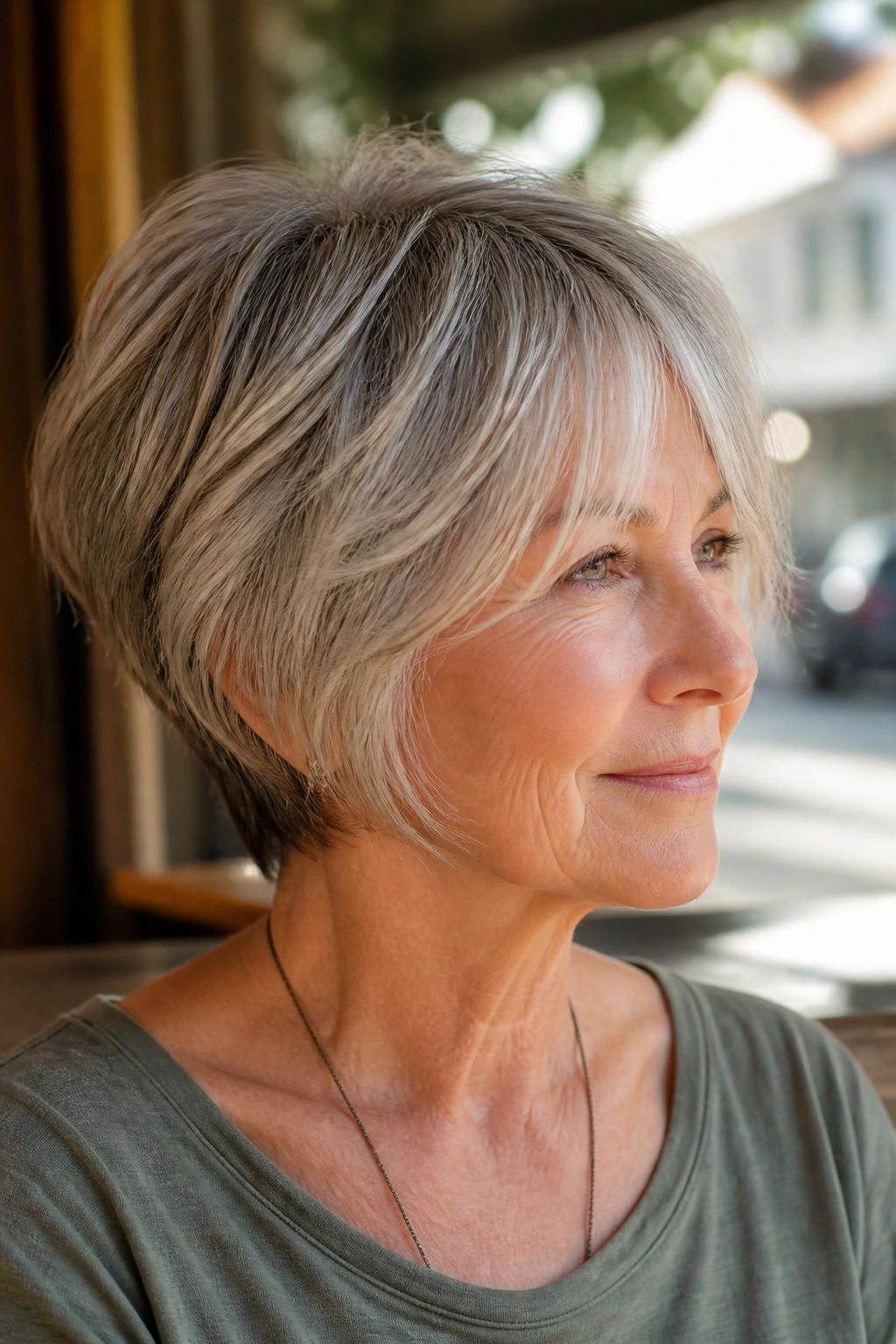 Woman with layered pixie bob showcasing crown volume