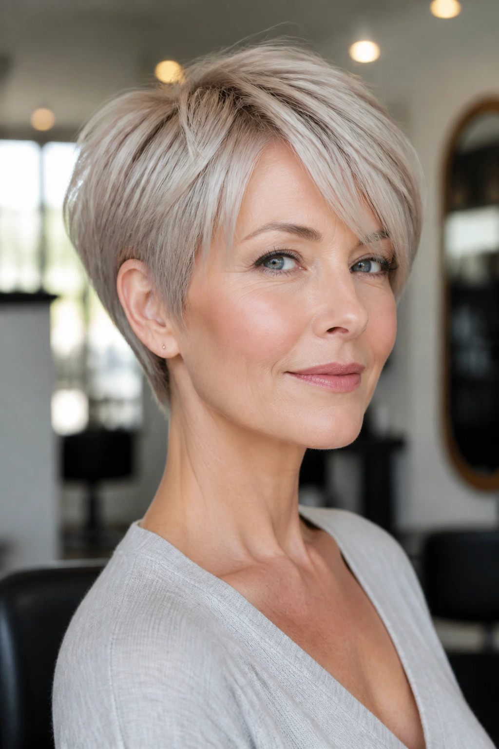 Close-up of person with layered pixie bob in steel blonde