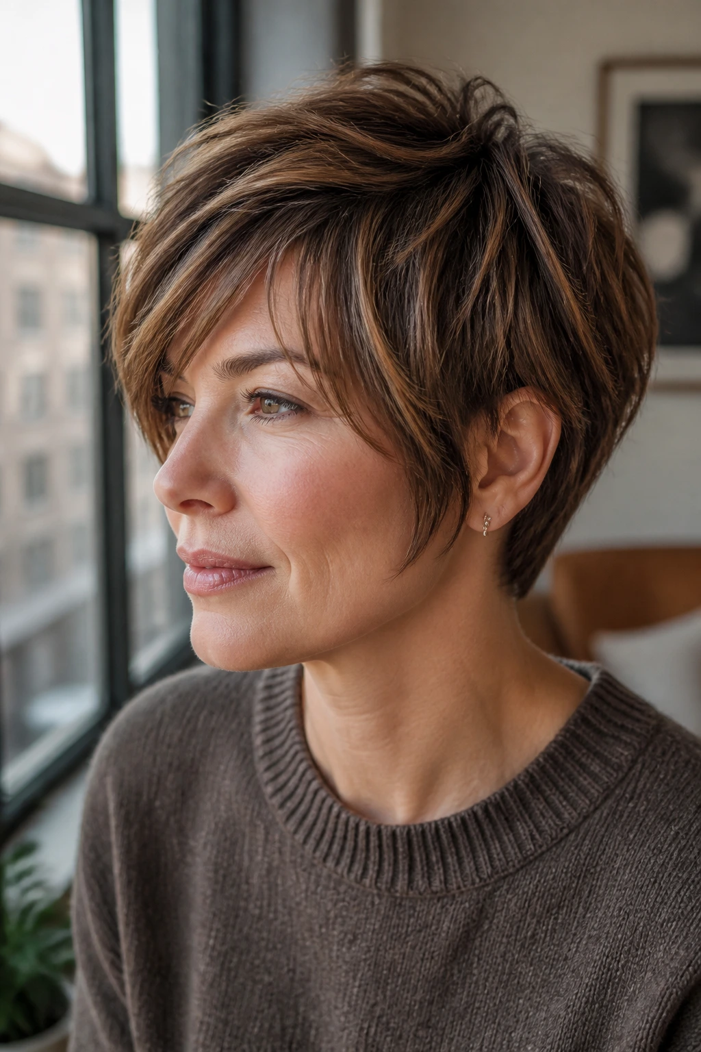 Close-up of real woman with layered pixie bob for heavy density.