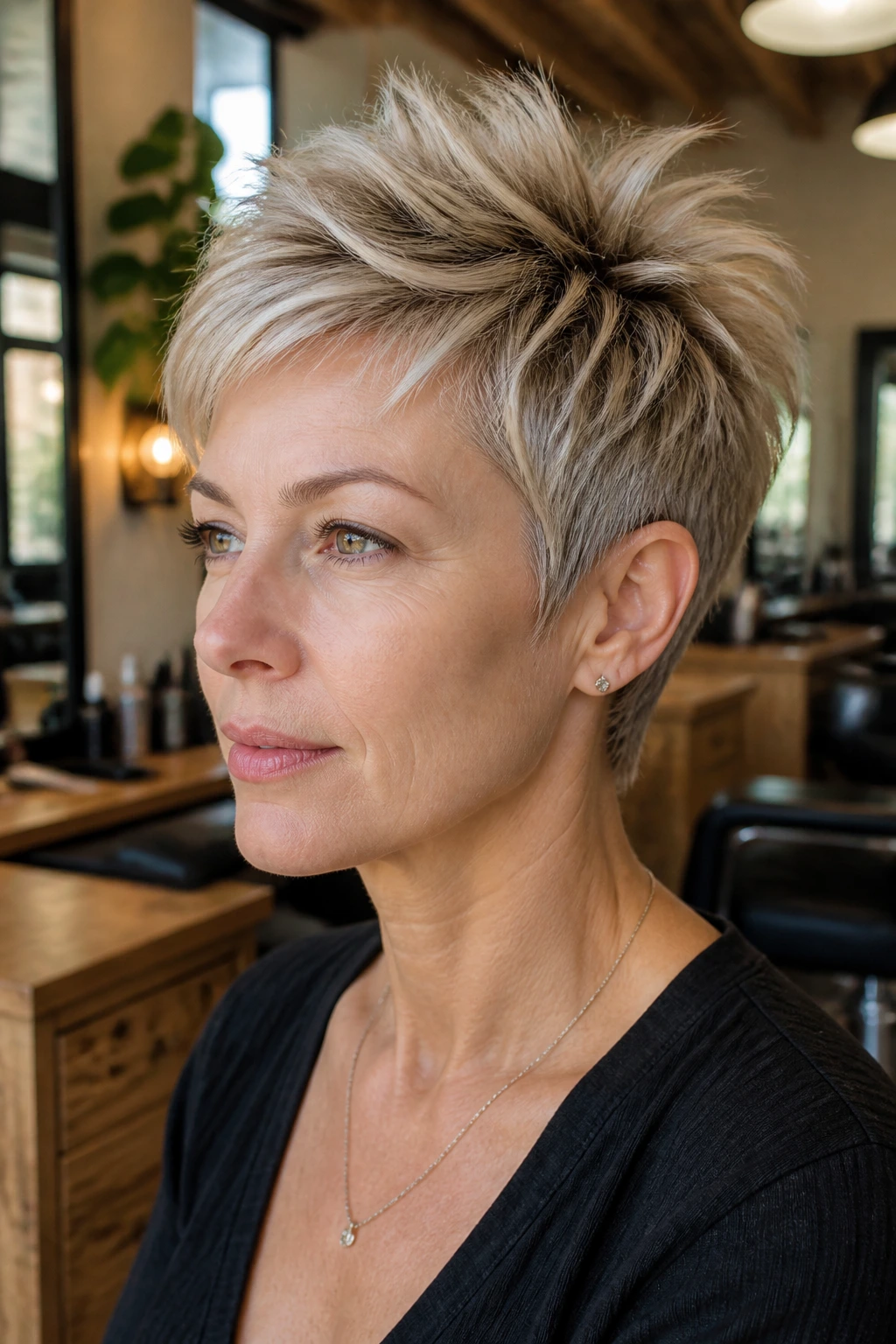 Close-up of real woman with layered pixie crown height in natural lighting