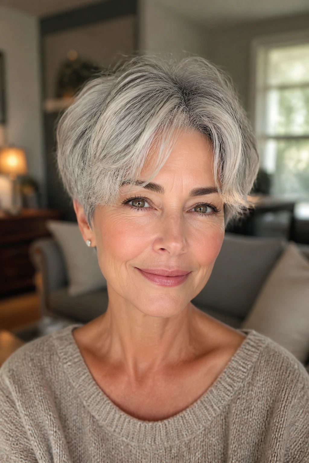 Close-up of a gray-haired woman with a layered pixie and curtain fringe