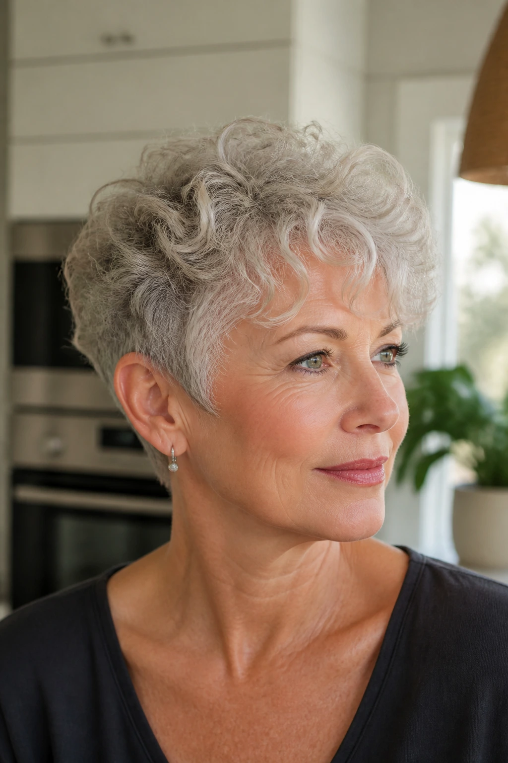 Close-up of a real woman with layered curly pixie for fine hair in a bright room