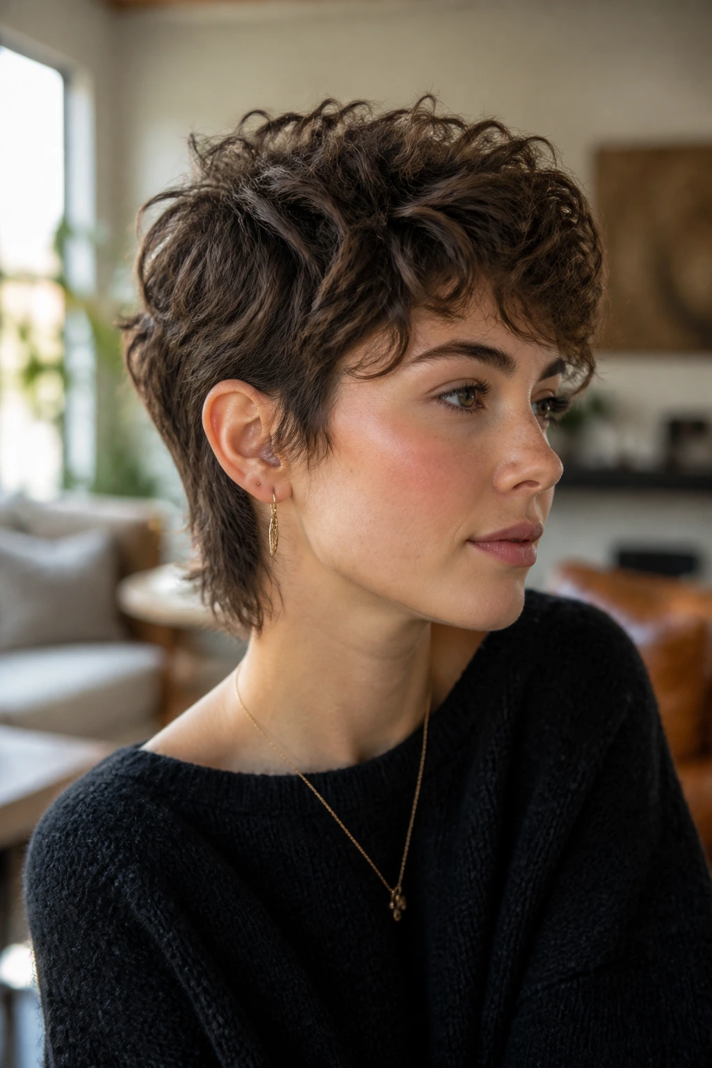 Close-up of a real woman with layered pixie mullet showing neck-length.