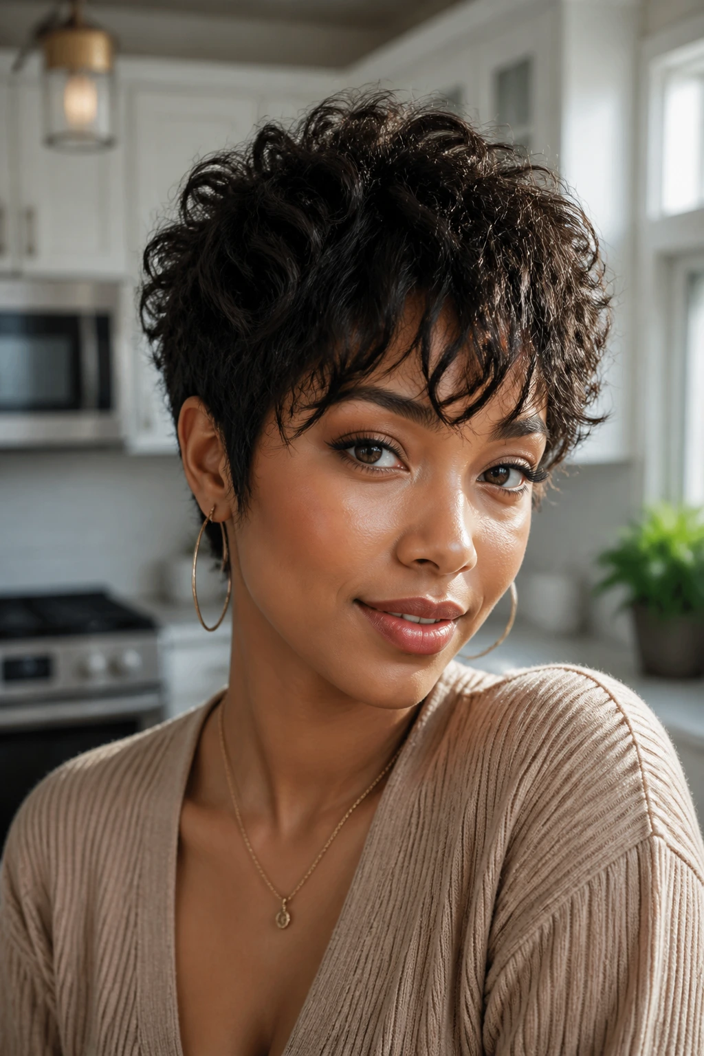 Real person with layered pixie and textured bangs