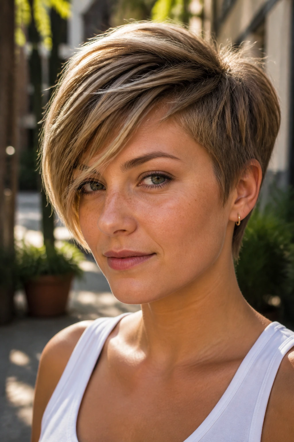 Real person with layered pixie and long top sweeping across the forehead