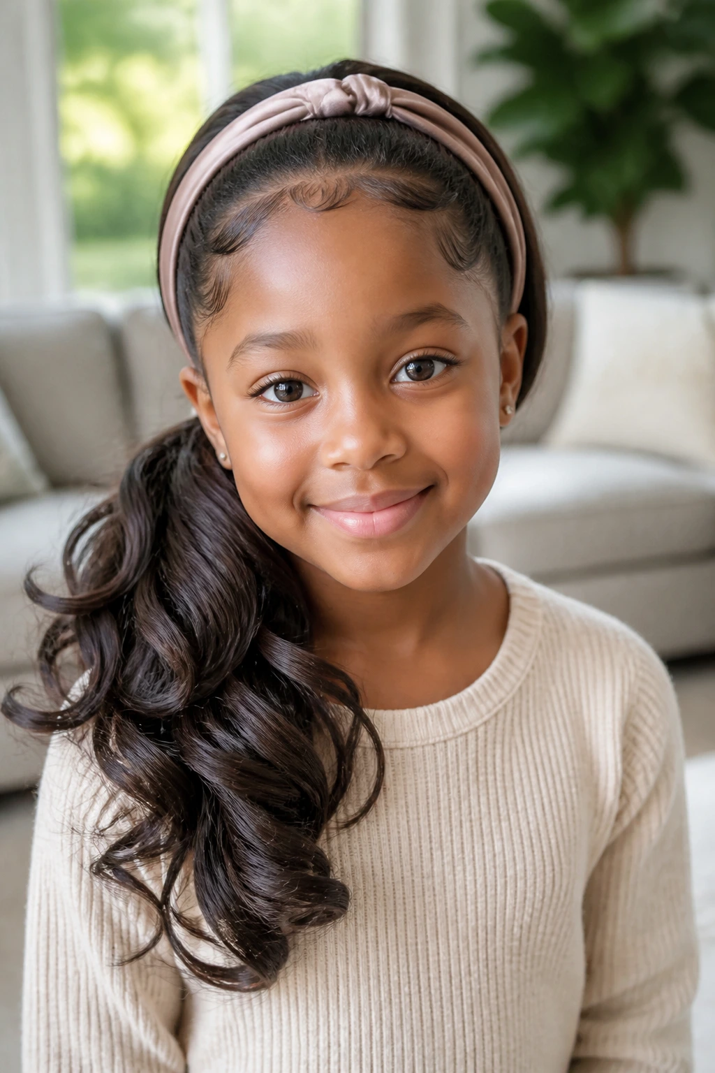 Close-up portrait of a real young girl with layered side pony and headband