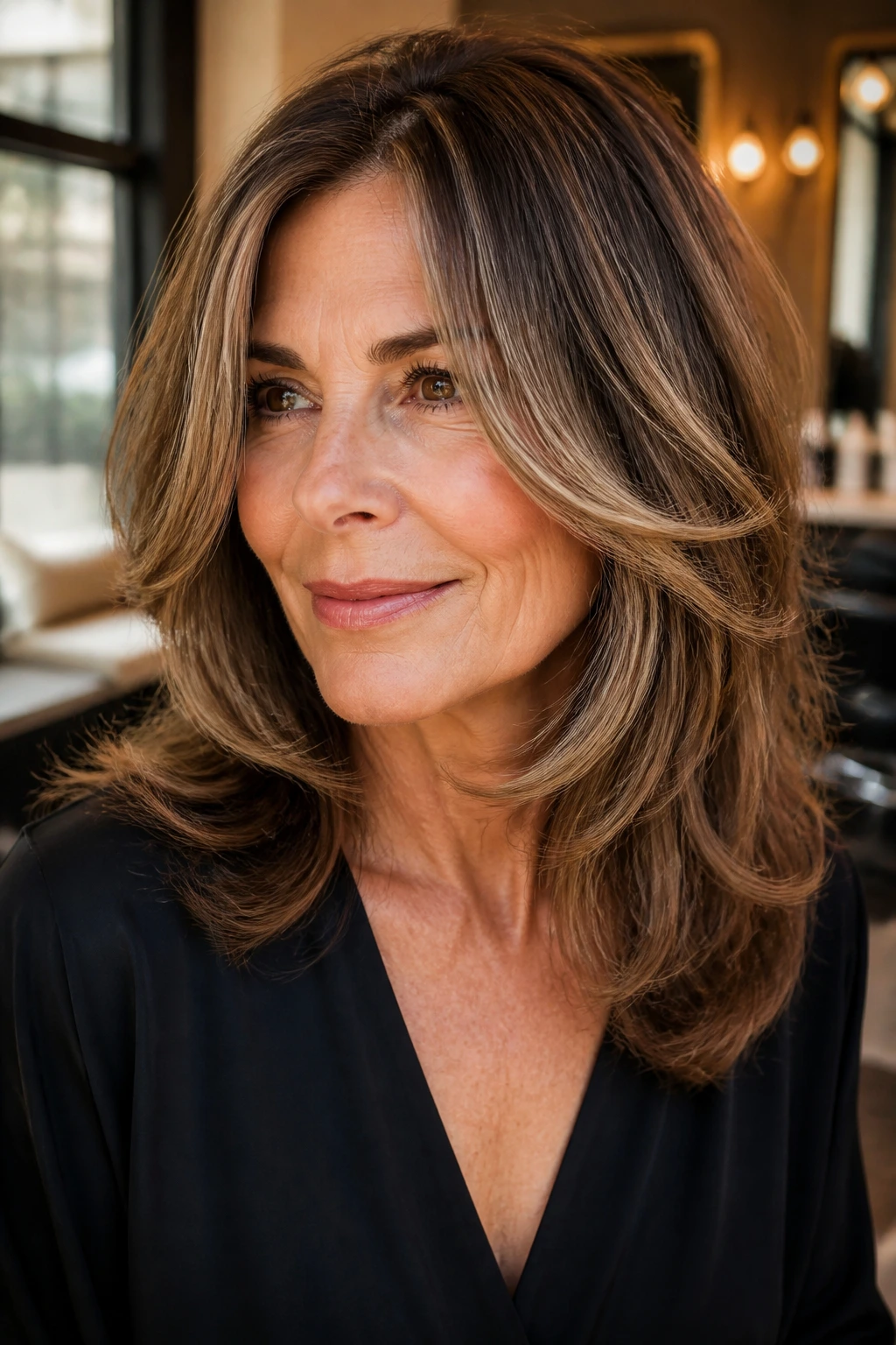 Close-up of a real woman with layered hair and face-framing ribbons in a warm salon