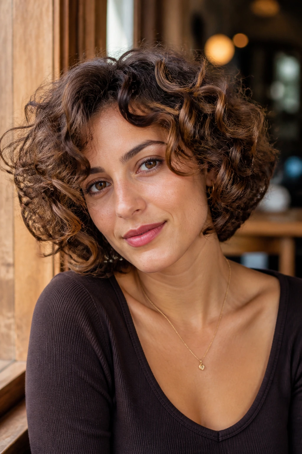 Close-up of Layered Ringlet Bob with Cinnamon Lowlights in sunlit cafe setting