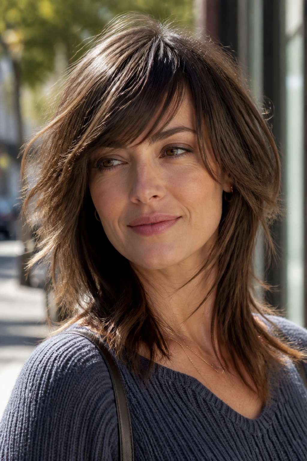 Close-up of a real woman with layered shag and airy side fringe