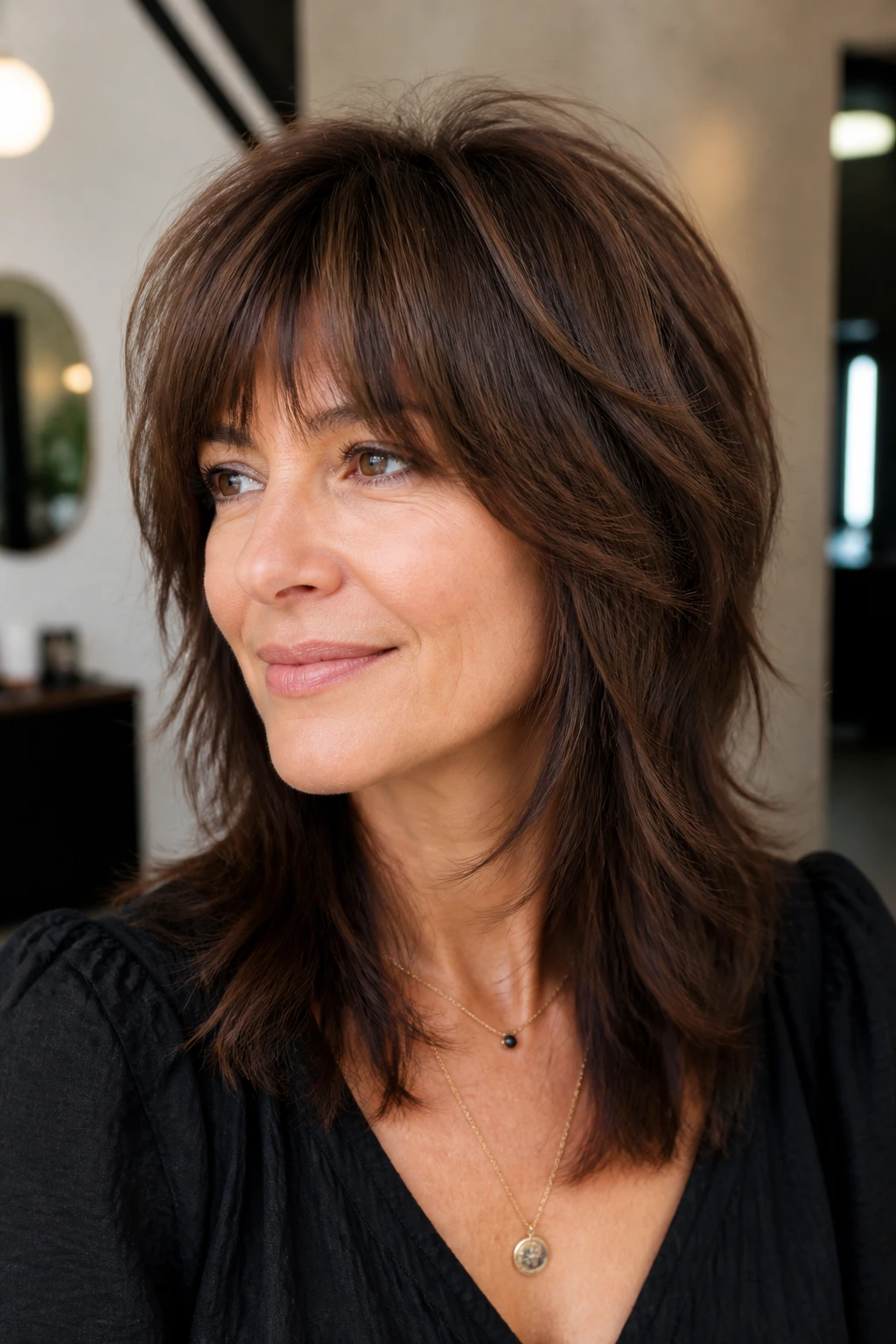 Real woman with layered shag and arched bangs in a bright salon