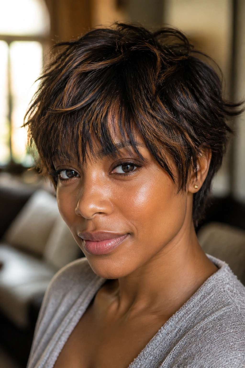Close-up of a real woman with layered shag bangs and cinnamon lowlights in short natural hair