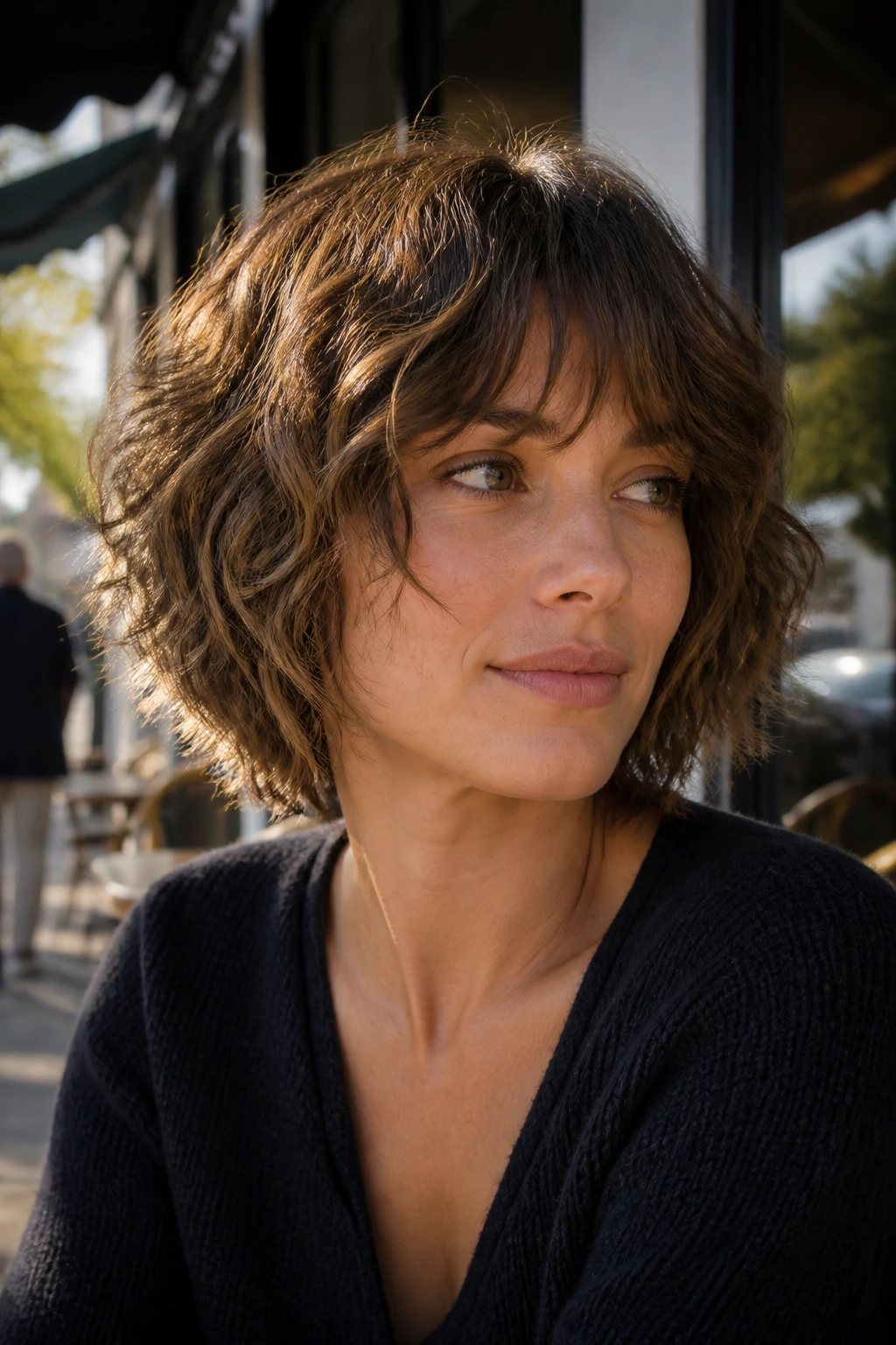 Close-up portrait of a real woman with layered shag bob showing long connected layers and waves