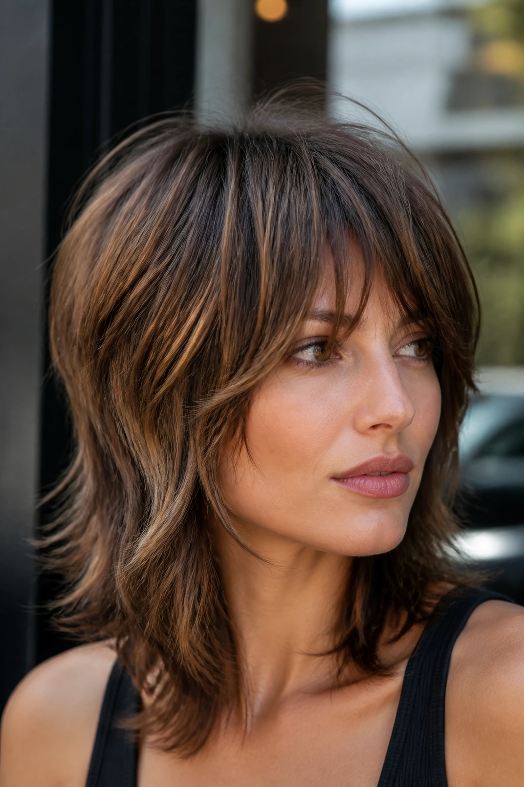 Close-up of a real woman with nutmeg lowlights in a layered shag