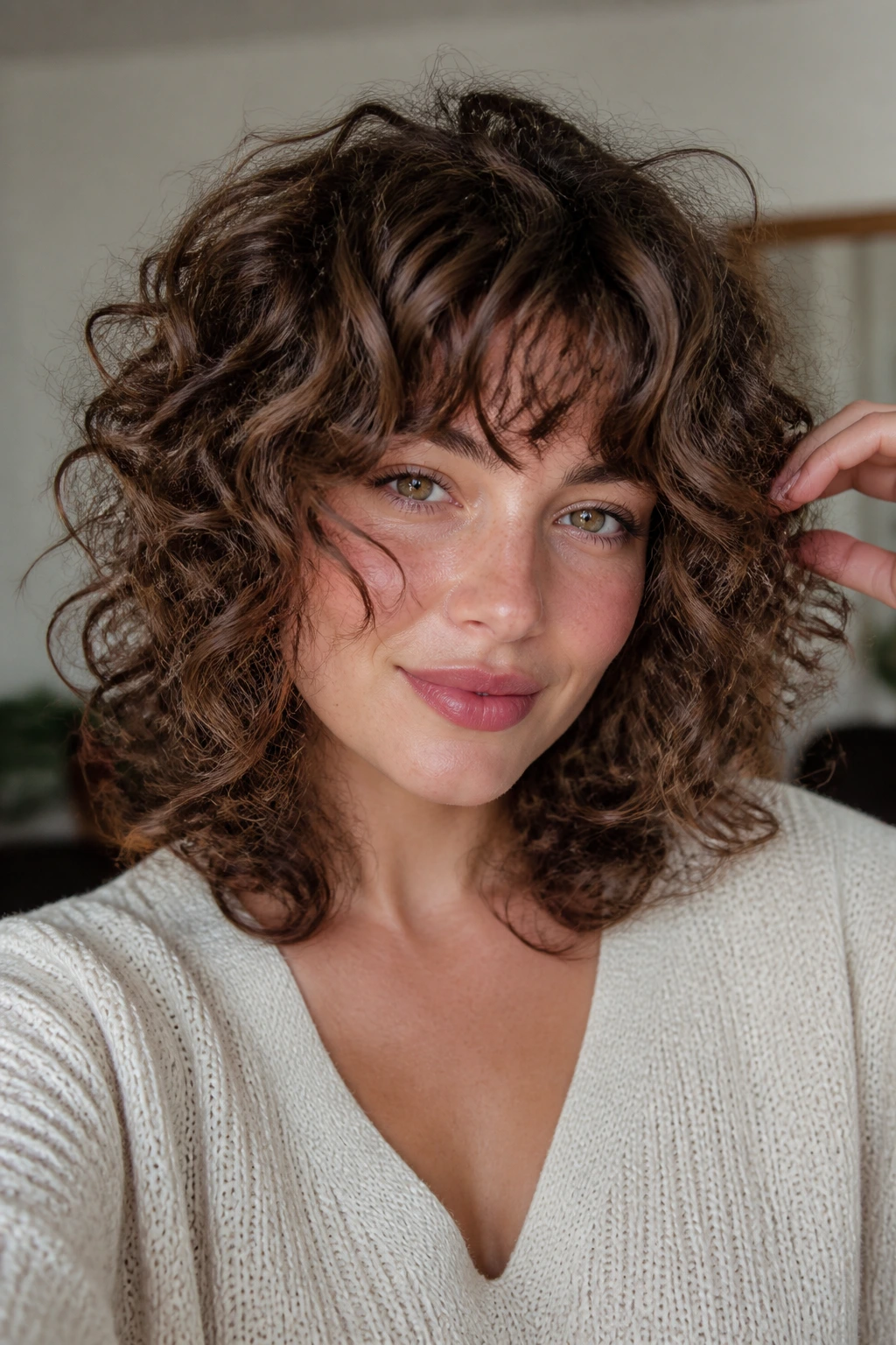 Close-up of layered shag curls on a real person