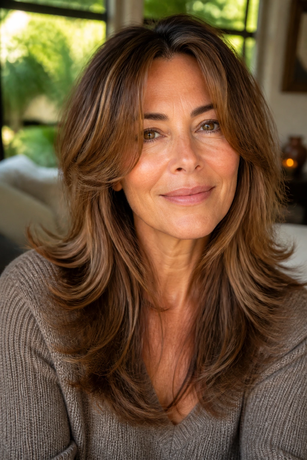 Close-up of a real woman with a long layered shag and flipped ends