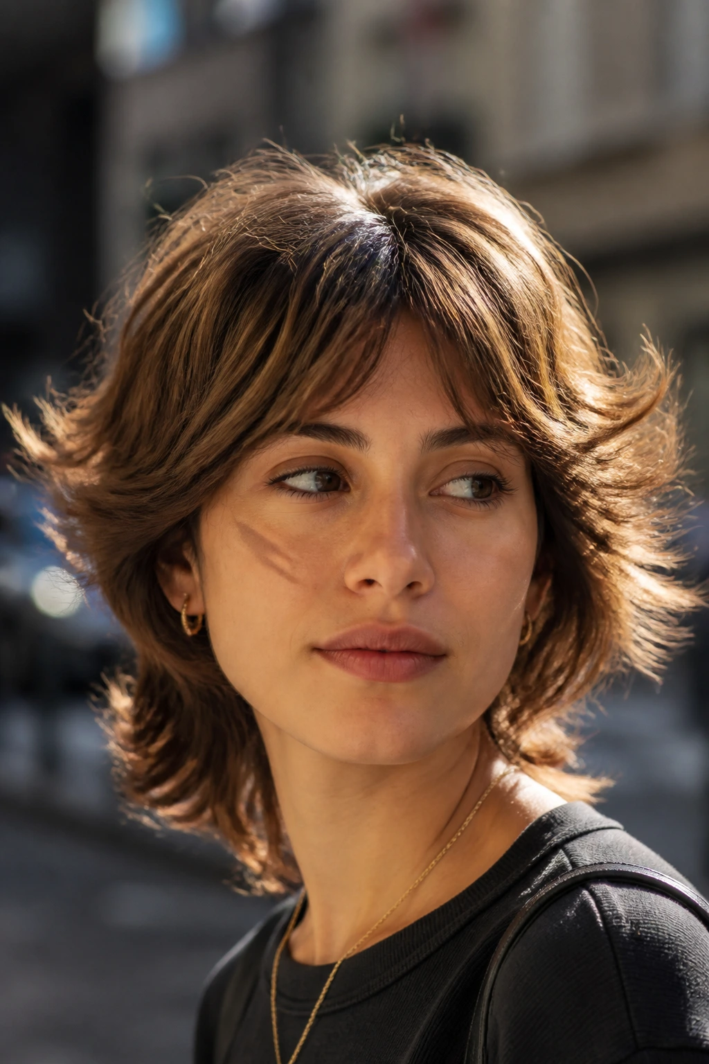 Close-up of a woman with layered shag and flippy side pieces in sunlight