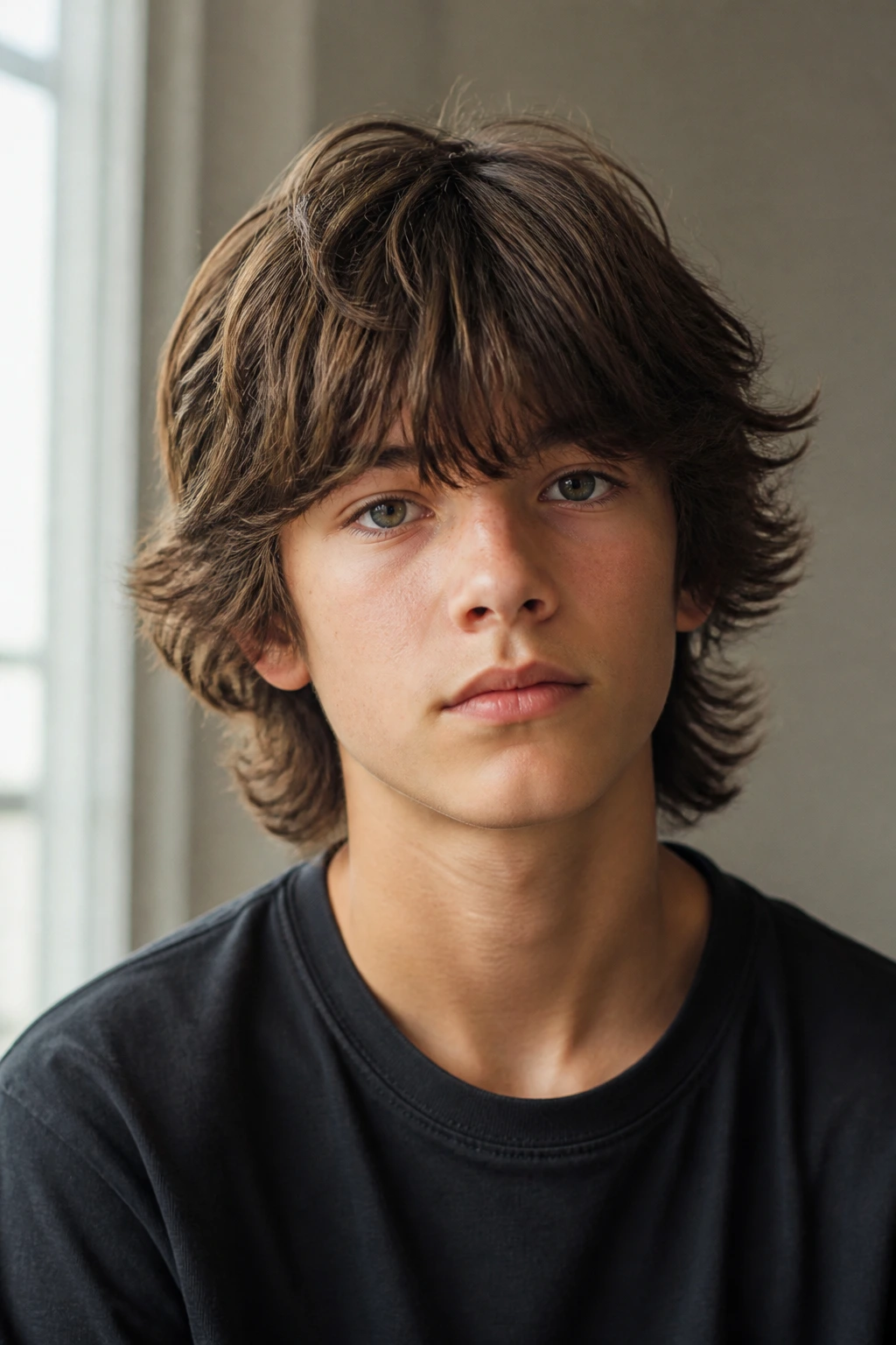 Boy with layered shag and fringe hairstyle close-up portrait