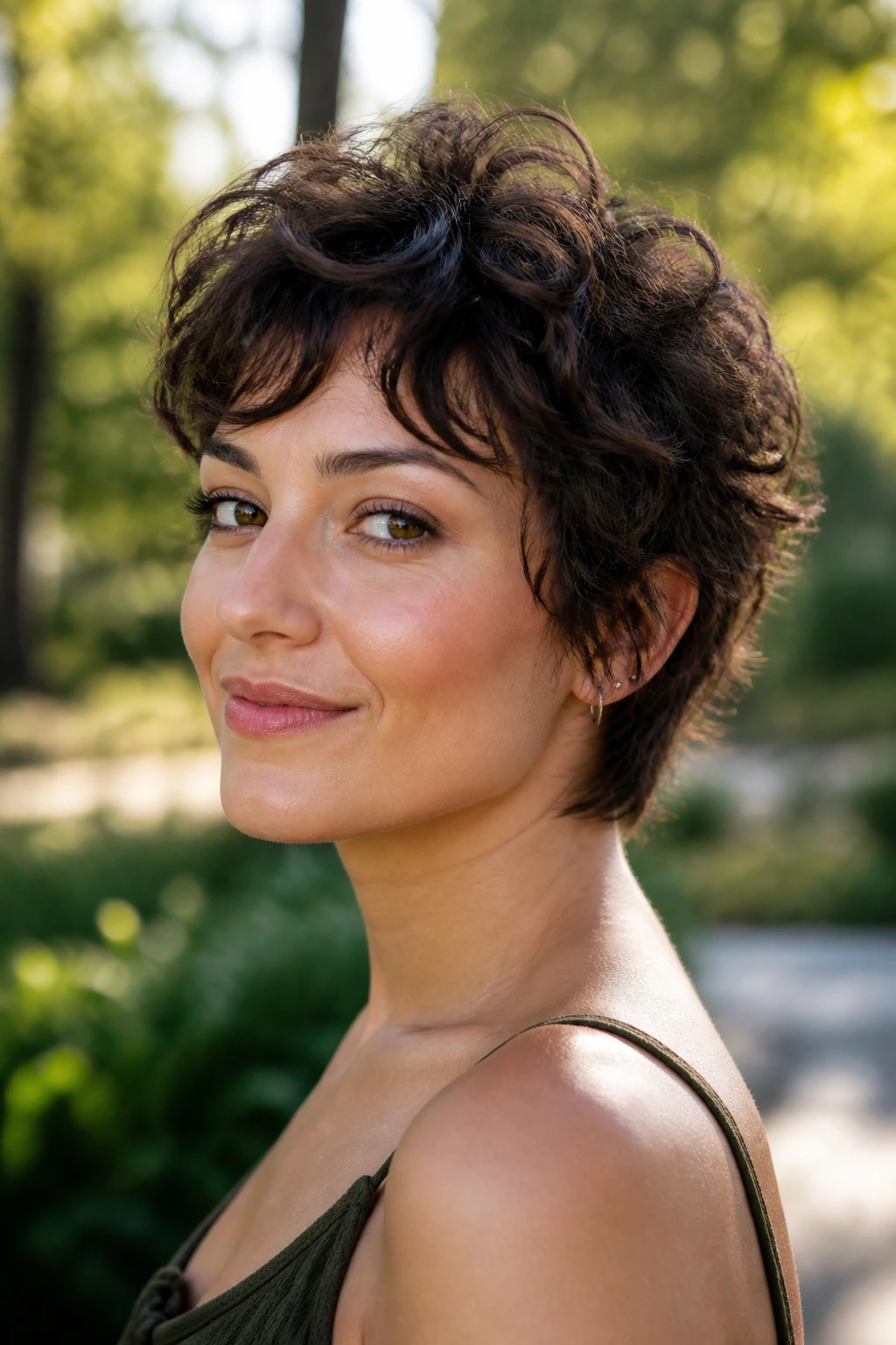 Portrait of a woman with layered shaggy pixie showing textured layers and movement.