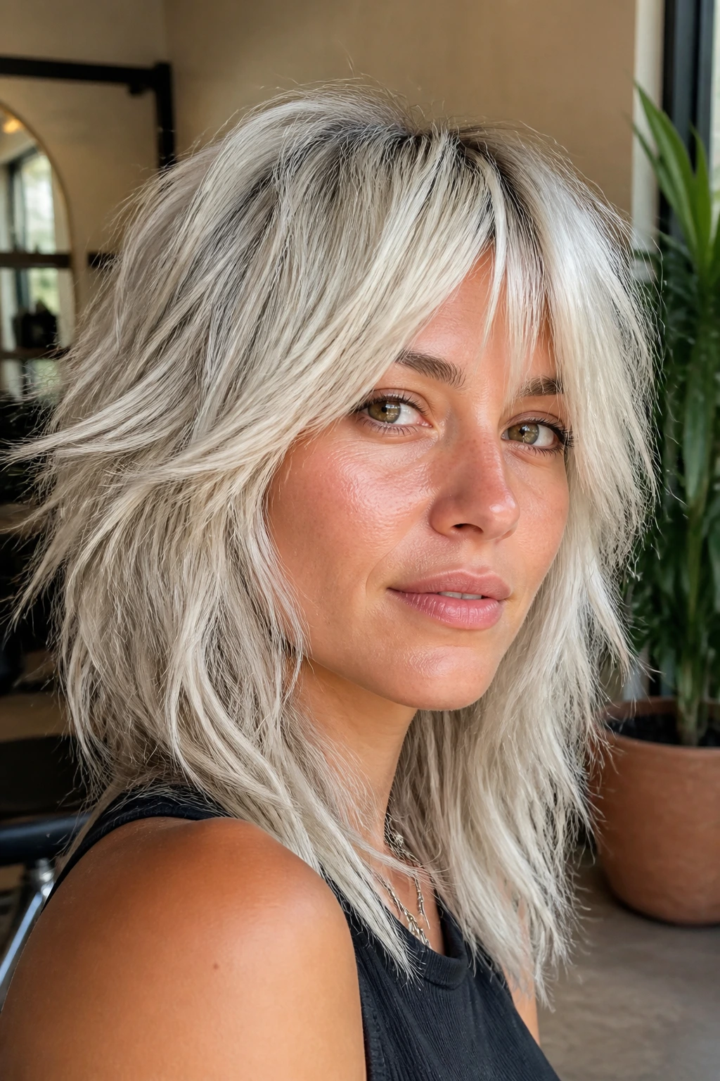 Close-up portrait of layered shag with platinum highlights on warm skin