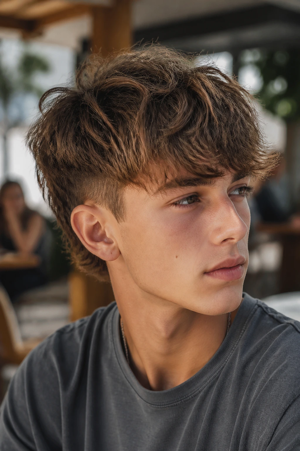 Teen boy with layered shag and short sides portrait