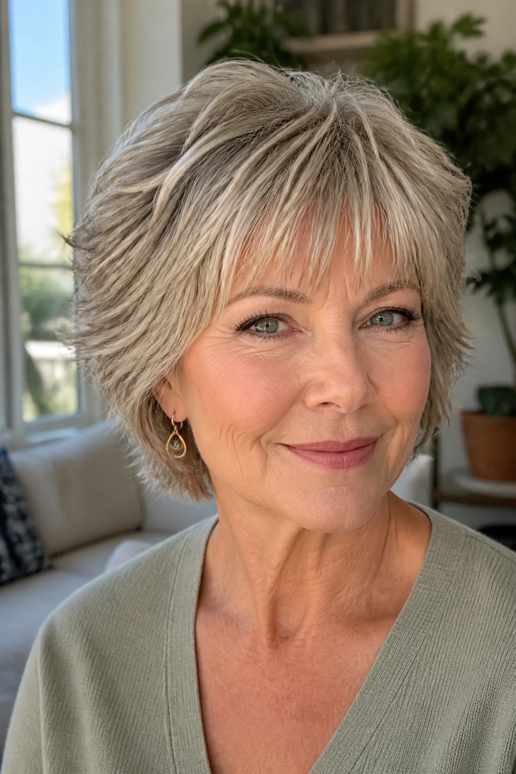 Real woman with layered shag and soft fringe in natural daylight