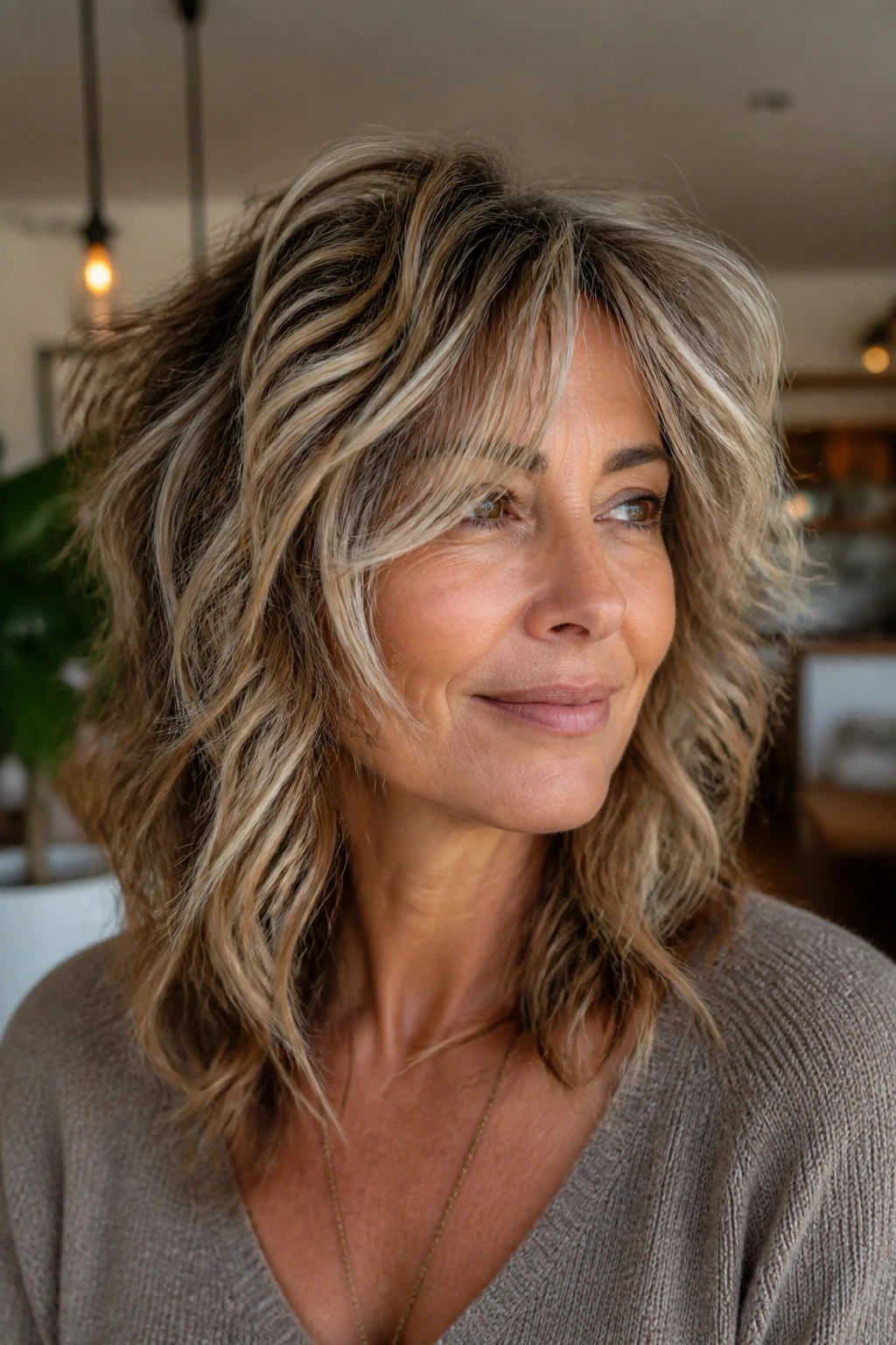 Portrait of a woman with layered shag showing texture variations for sun-kissed look.