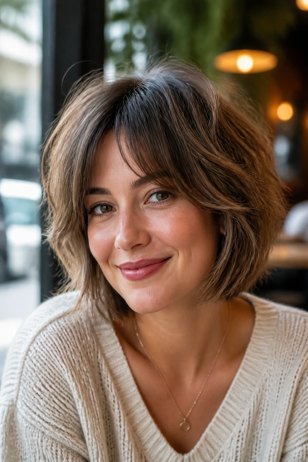Real woman with layered shaggy bob in cozy cafe setting