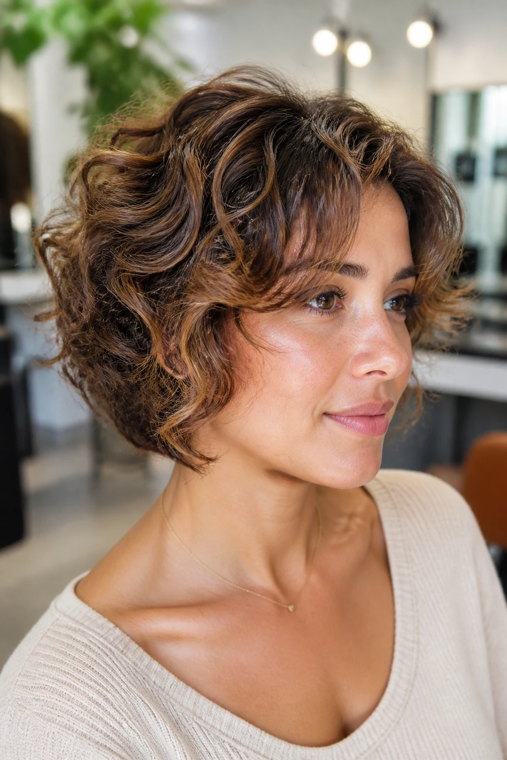 Close-up of a real person with layered short bob for fine curly hair and feathered ends.