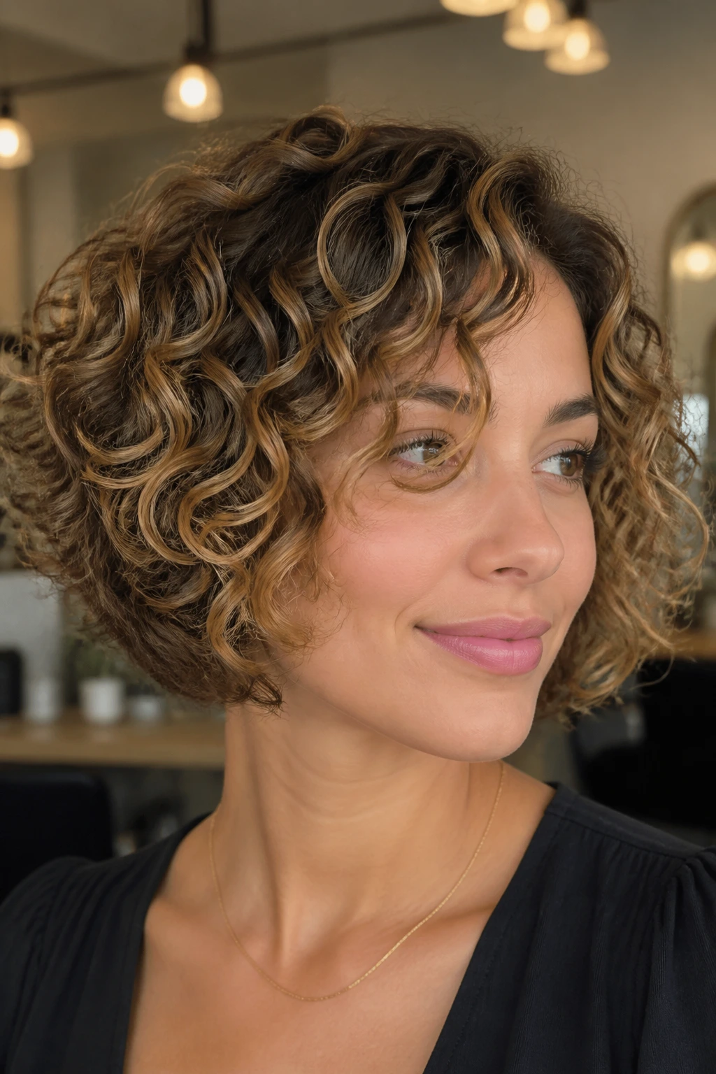 Real woman with layered short bob for thick curly hair showing internal debulking and caramel highlights.