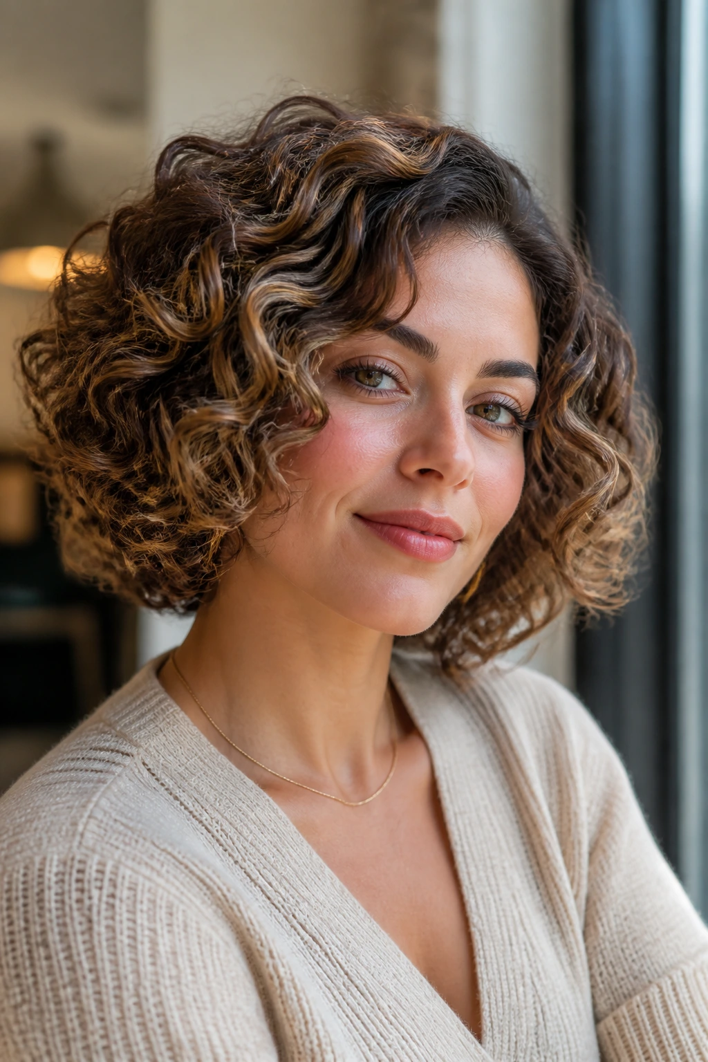Confident woman with a layered short curly bob and caramel highlights near a window.