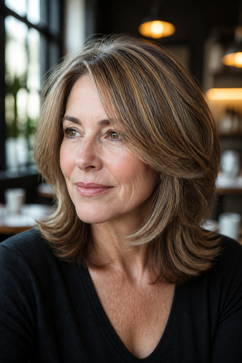 Layered shoulder-length haircut with caramel babylights on a real person.