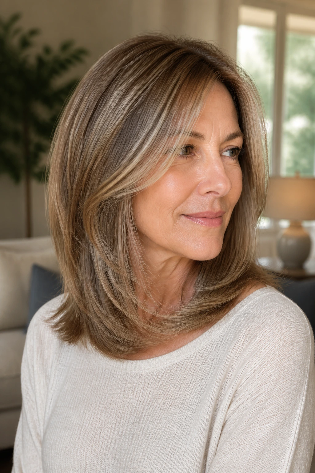 Portrait of woman with layered shoulder cut and full ends