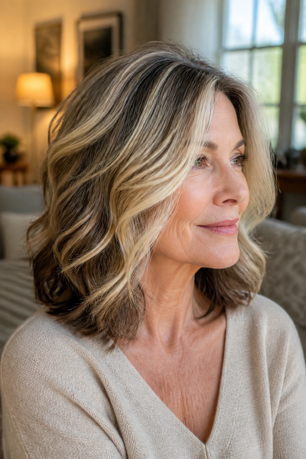 Close-up portrait of a woman with layered shoulder-length wavy hair and a bright face frame