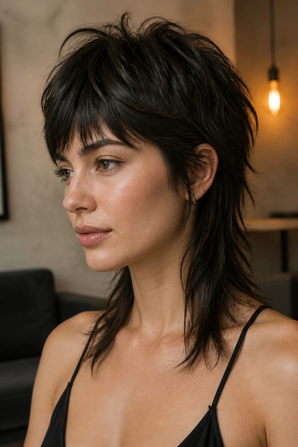 Close-up of a real woman with layered shullet in warm interior light