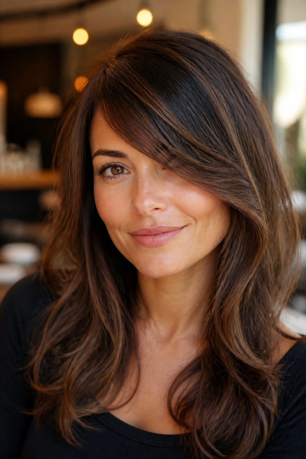 Close-up portrait of a real woman with layered side bangs in a warm interior